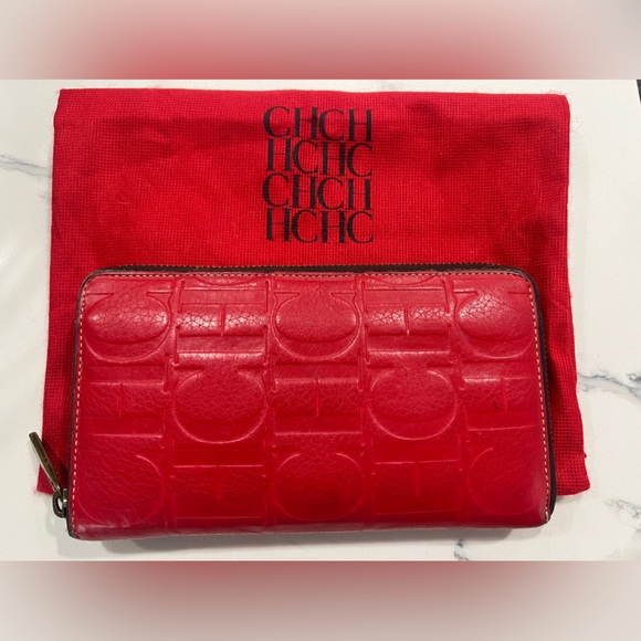 CAROLINA HERRERA Red Monogram Embossed Leather Zipper Continental Wallet - Picture 3 of 14
